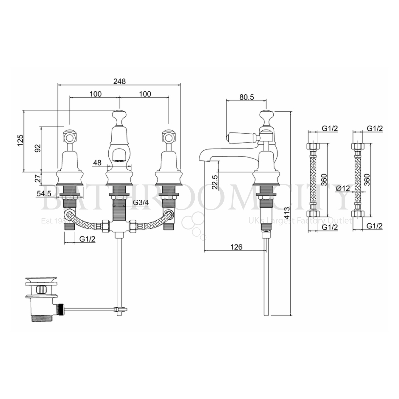 Kensington Three tap hole mixer with pop up waste Specification Diagram