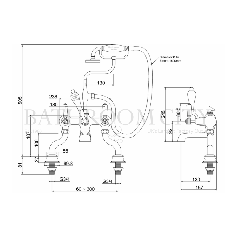 Kensington Bath shower mixer deck mounted with S adjuster Specification Drawing