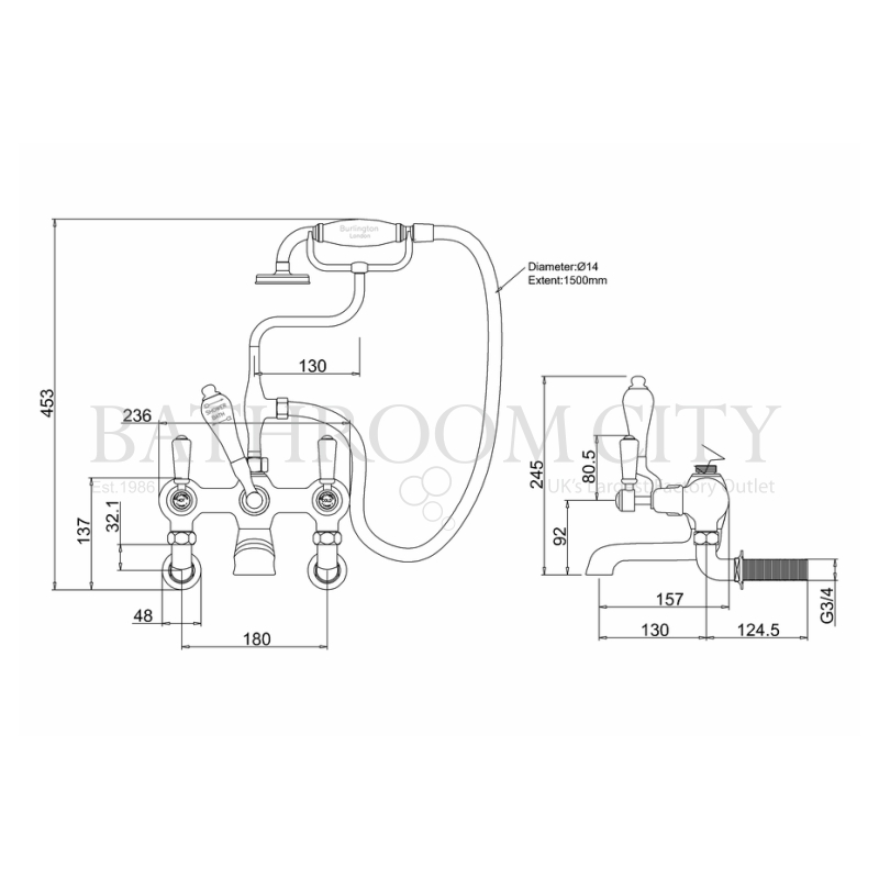 Kensington Bath shower mixer wall mounted with Specification Diagram