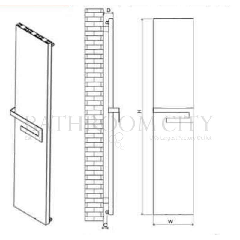 Elvino Bath Mirrored 1800 x 370 Aluminium Bathroom Radiator Specification Diagram