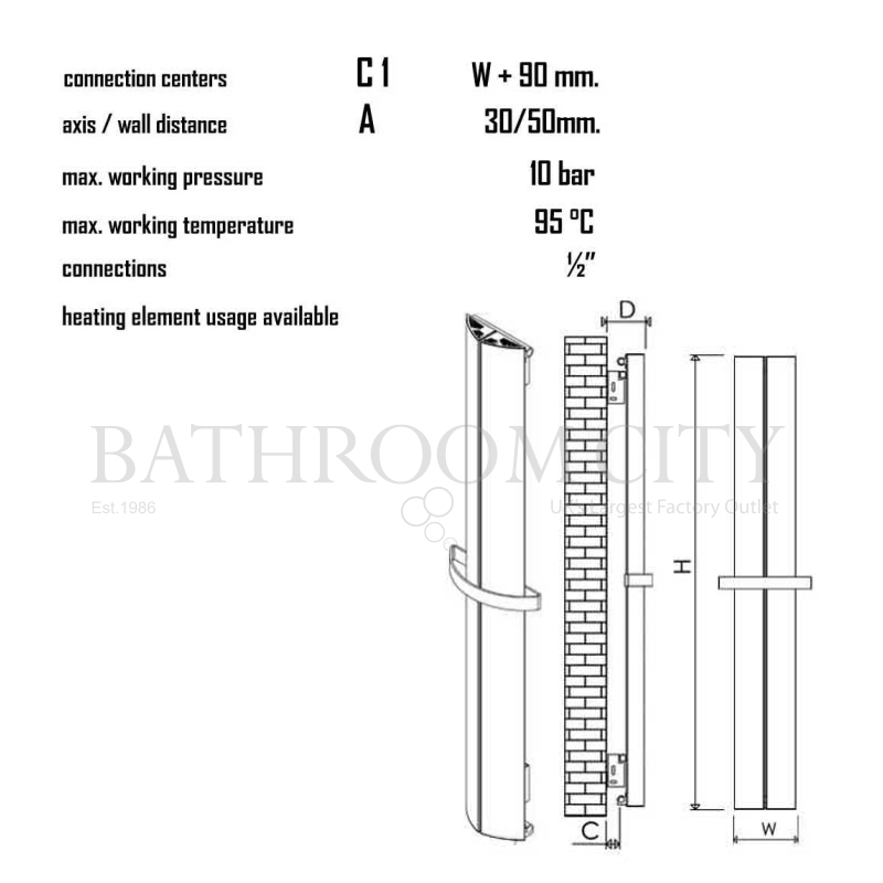 Nixie Aluminium Luxury Bathroom Radiator Specification Diagram