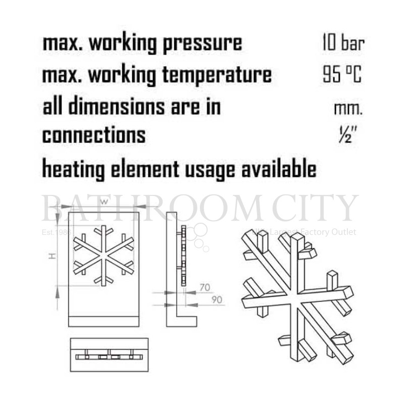 Snowflake 600 x 600 Stainless Steel Radiator Specification Diagram