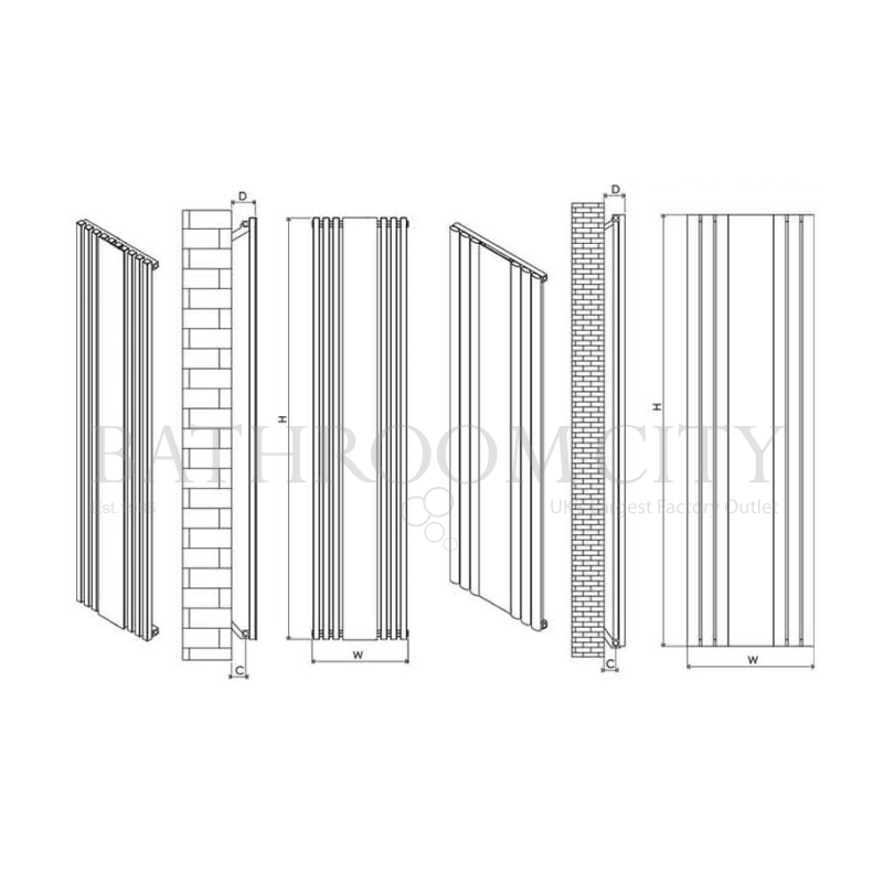 Sophia Mirror 1800 x 415 Aluminium Radiator Specification Diagram