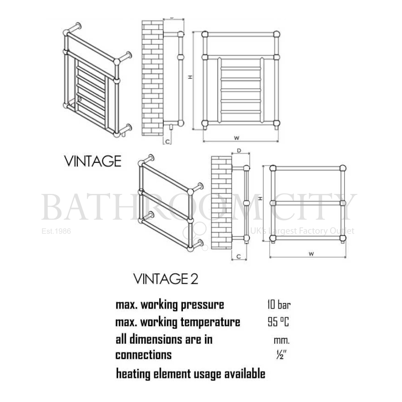 Vintage Steel Designer Radiator Specification Diagram