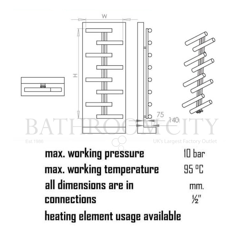 Vivi Stainless Steel Luxury Radiator Specification Diagram