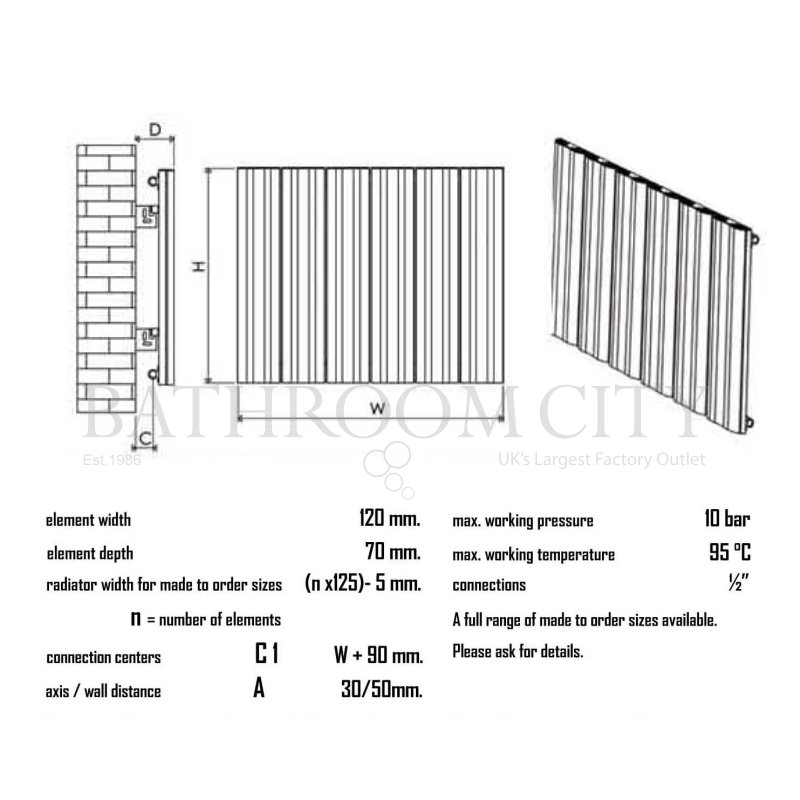 Wave Aluminium Luxury Radiator Specification Diagram