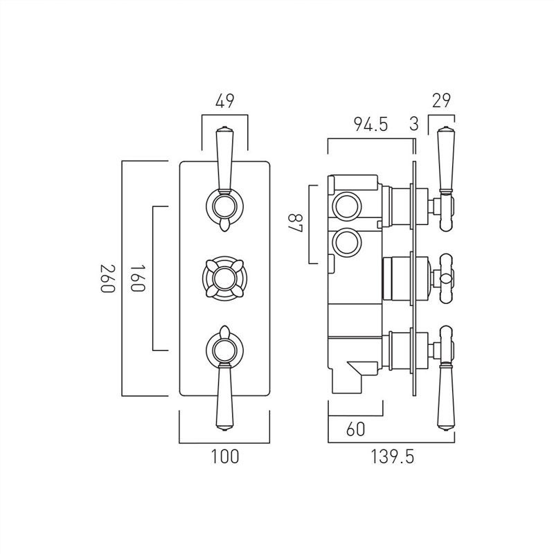 Axbridge Concealed Shower Valve 3 Outlet Specification Drawing