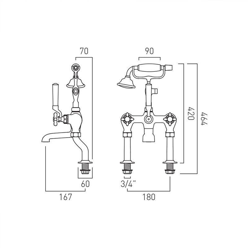 Axbridge Traditional Bath Shower Mixer Deck Cross Specification Drawing