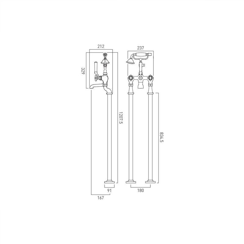 Axbridge Traditional Bath Shower Mixer Floor Cross Specification Drawing