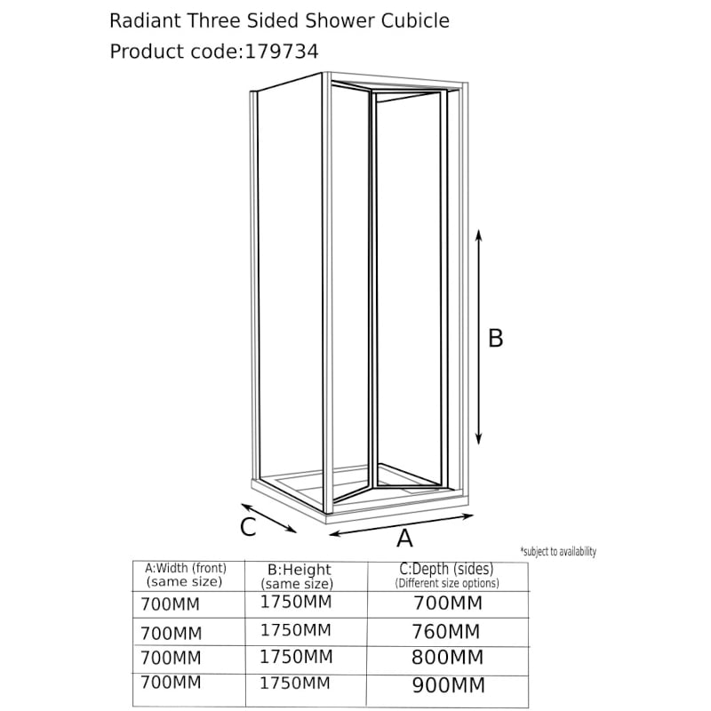 Radiant Reduced Height 3 Sided Shower Enclosure Bifold 700 Specification Drawing