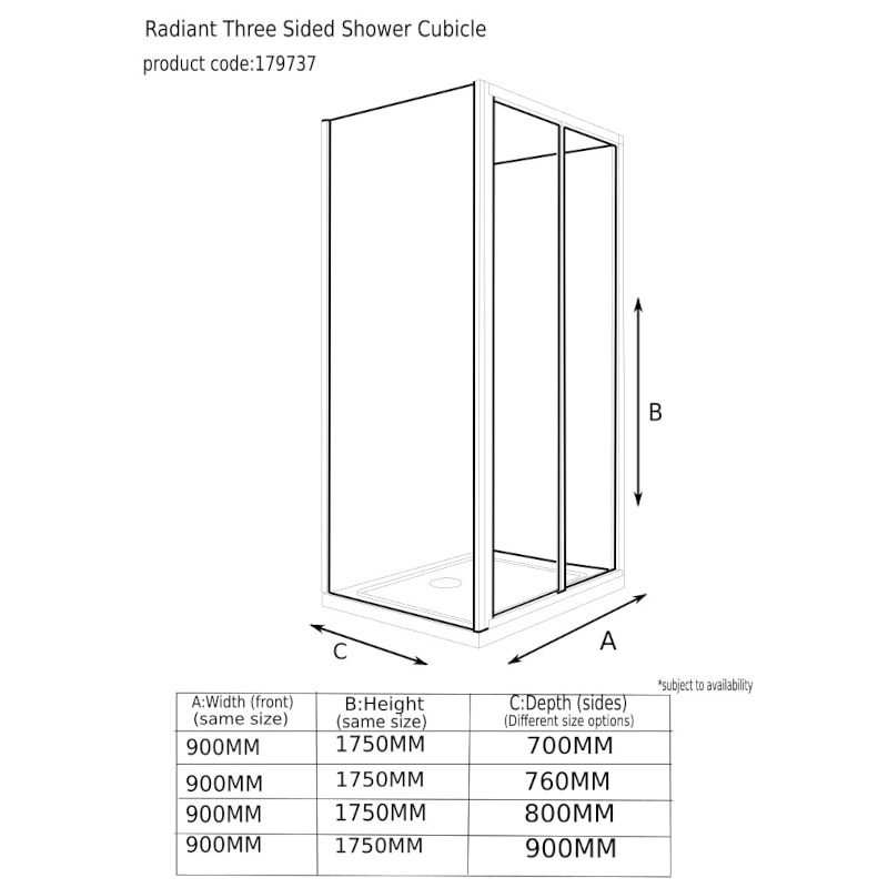 Radiant Reduced Height 3 Sided Shower Enclosure Bifold 900 Specification Drawing