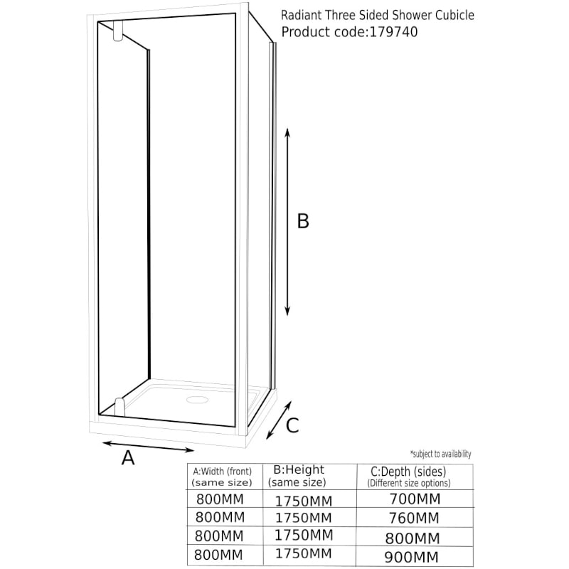 Radiant Reduced Height 3 Sided Shower Enclosure Pivot 800 Specification Drawing