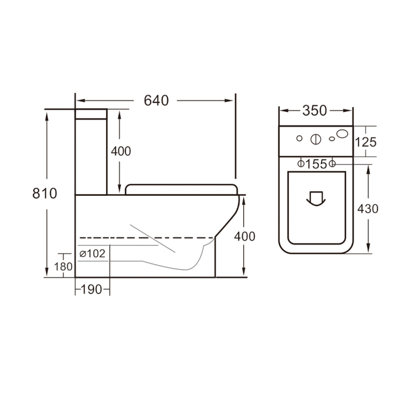 Ashford Close-coupled Toilet fully back to wall Specification Drawing