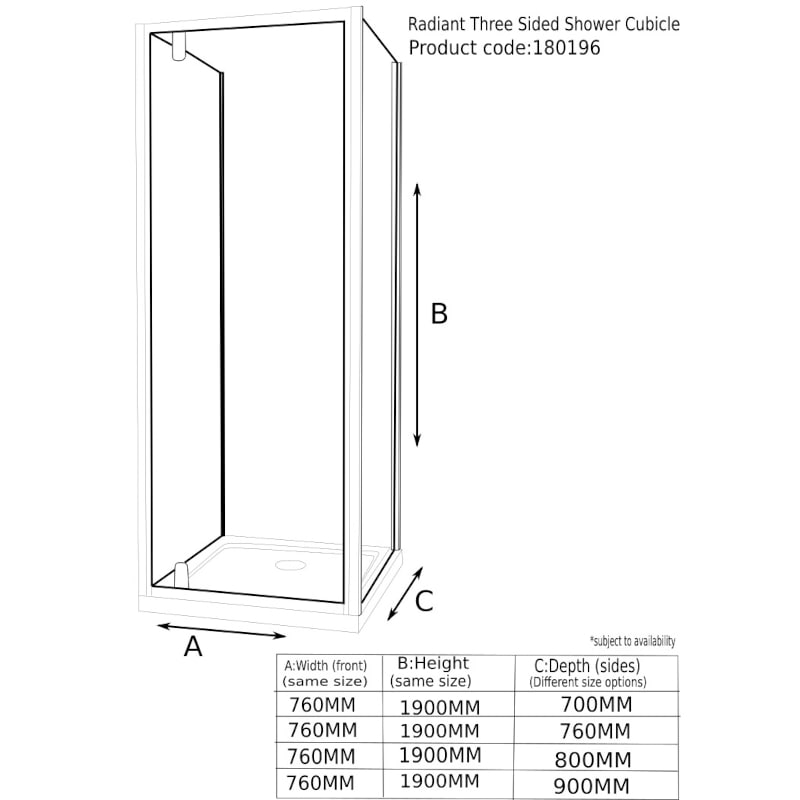 Radiant Deluxe 3 Sided Shower Enclosure Pivot 760 Reduced Heigth 1750 Specification Diagram