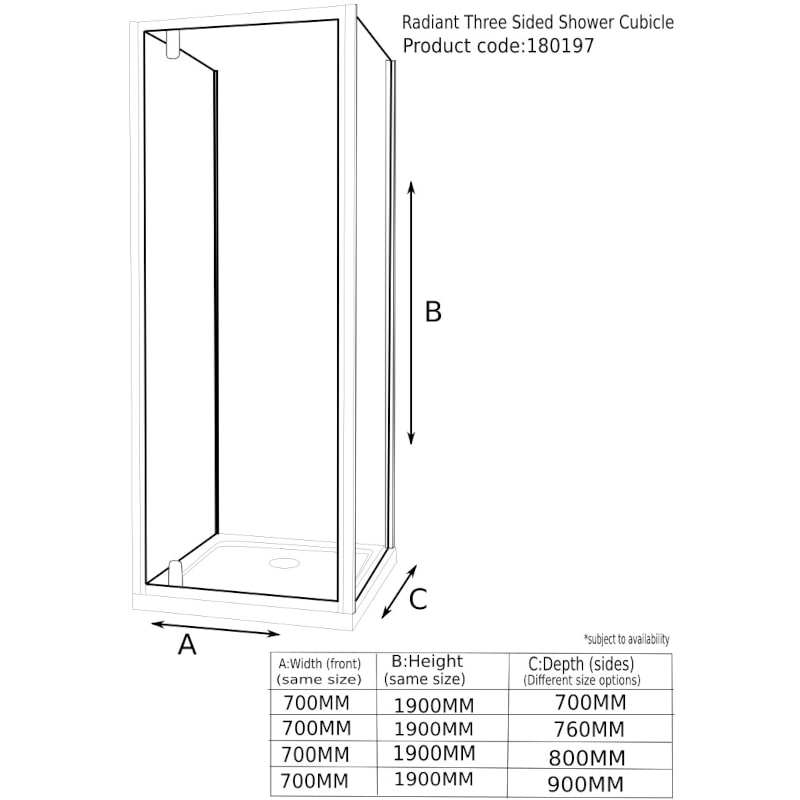 Radiant Deluxe 3 Sided Shower Enclosure Pivot 700 Reduced Heigth 1750 Specification Diagram