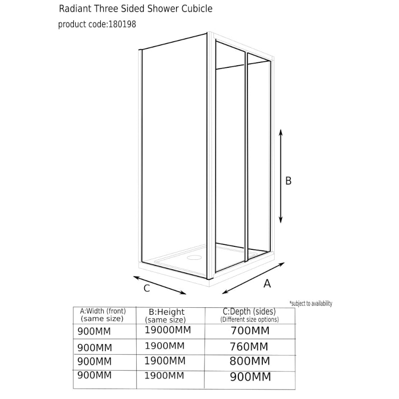 Radiant Deluxe 3 Sided Shower Enclosure Bifold 900 Specification Drawing