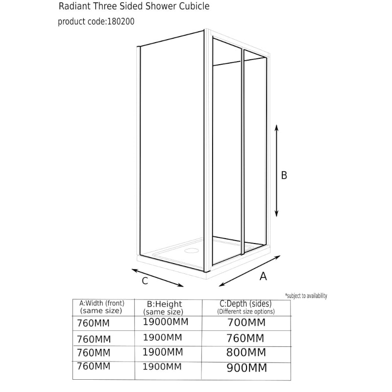 Radiant Deluxe 3 Sided Shower Enclosure Bifold 760 Reduced Heigth 1750 Specification Diagram