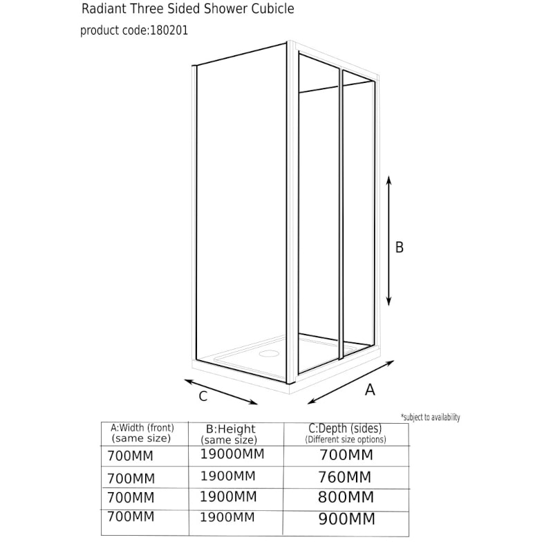 Radiant Deluxe 3 Sided Shower Enclosure Bifold 700 Reduced Heigth 1750 Specification Diagram