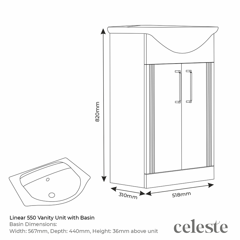 Celeste Linear 550 Green Vanity Unit Specification Drawing