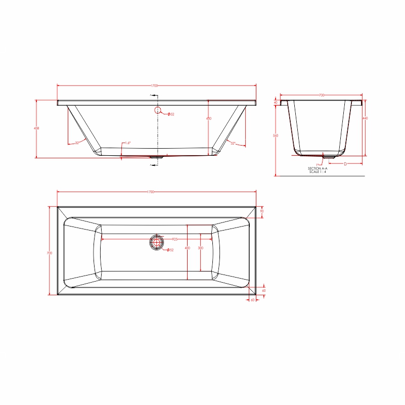 portland double ended bath 1700 1800 1900 Specification Drawing