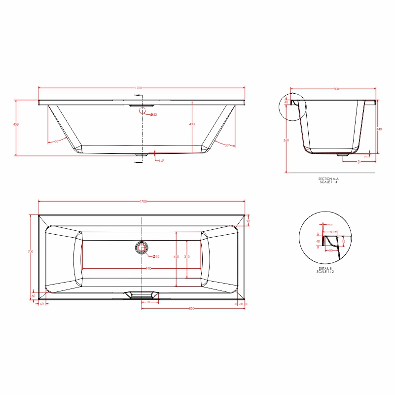 portland double ended bath single grip 1700 1800 Specification Drawing