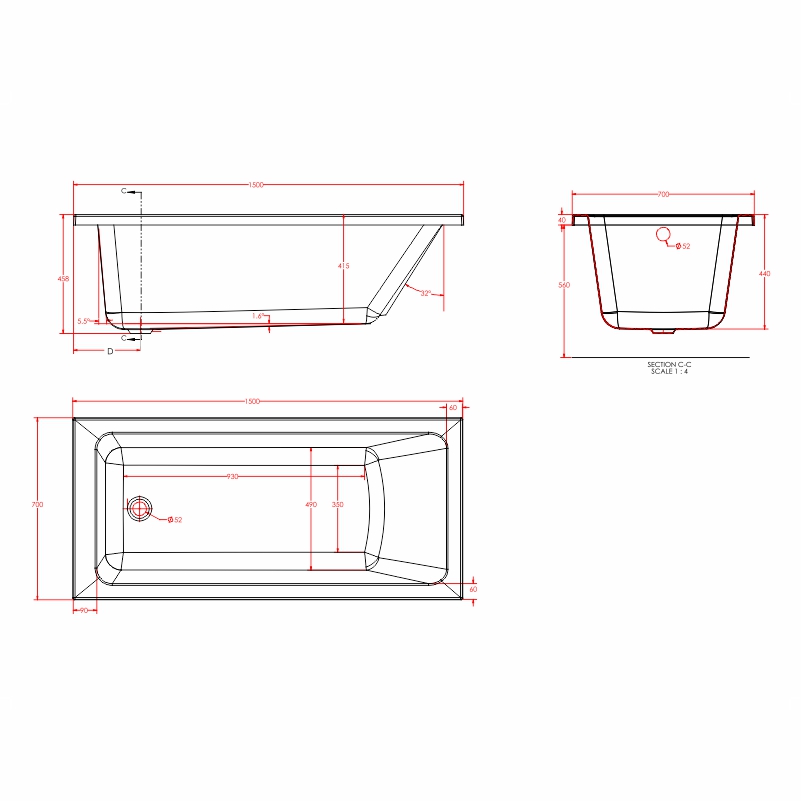 portland single ended bath 1500 1600 Specification Drawing