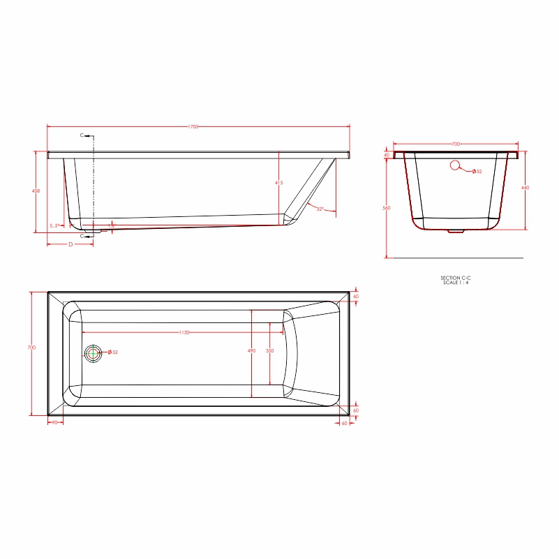 Line drawing of portland single ended bath 1700 1800