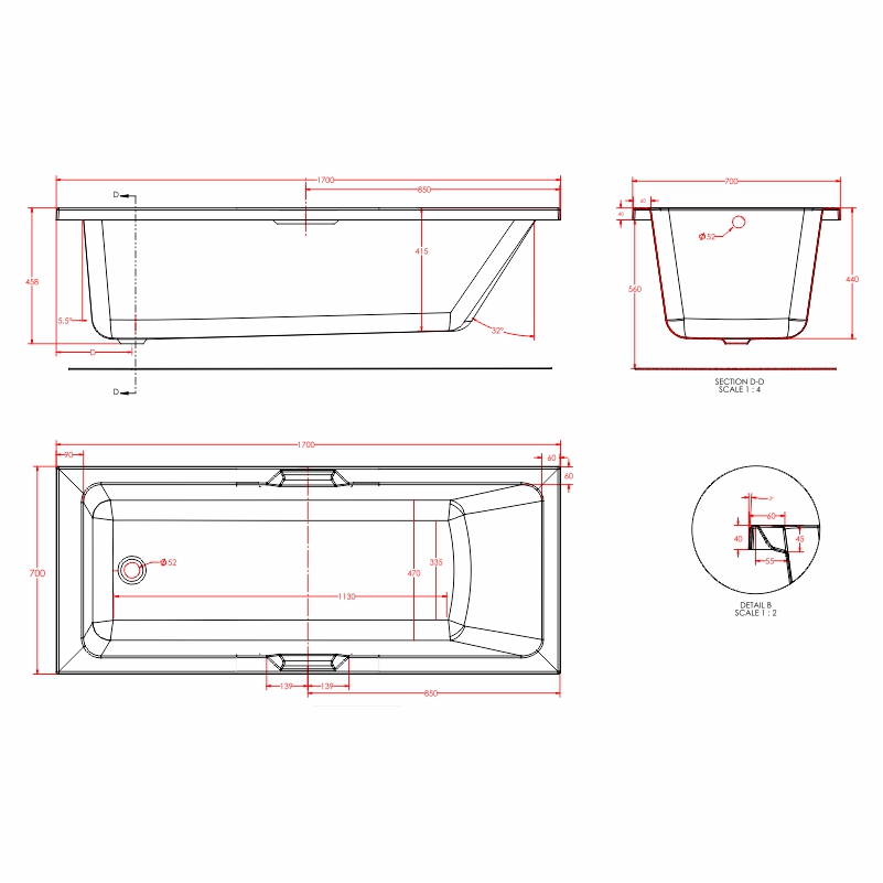 portland single ended bath twin grips 1700 1800 Specification Drawing