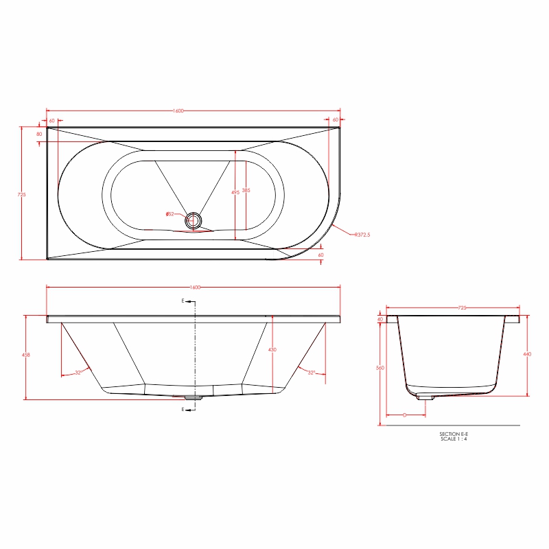 biscay double ended lefthand shower bath 1600 1700 Specification Drawing