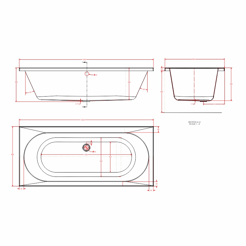 biscay double ended straight-edge bath Specification Drawing