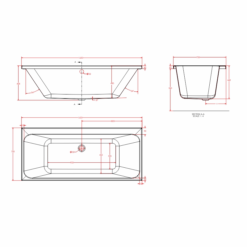 malin double ended bath 1600 Specification Drawing