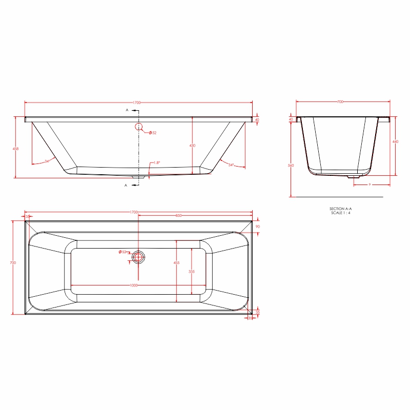 malin double ended bath 1700 1800 Specification Drawing