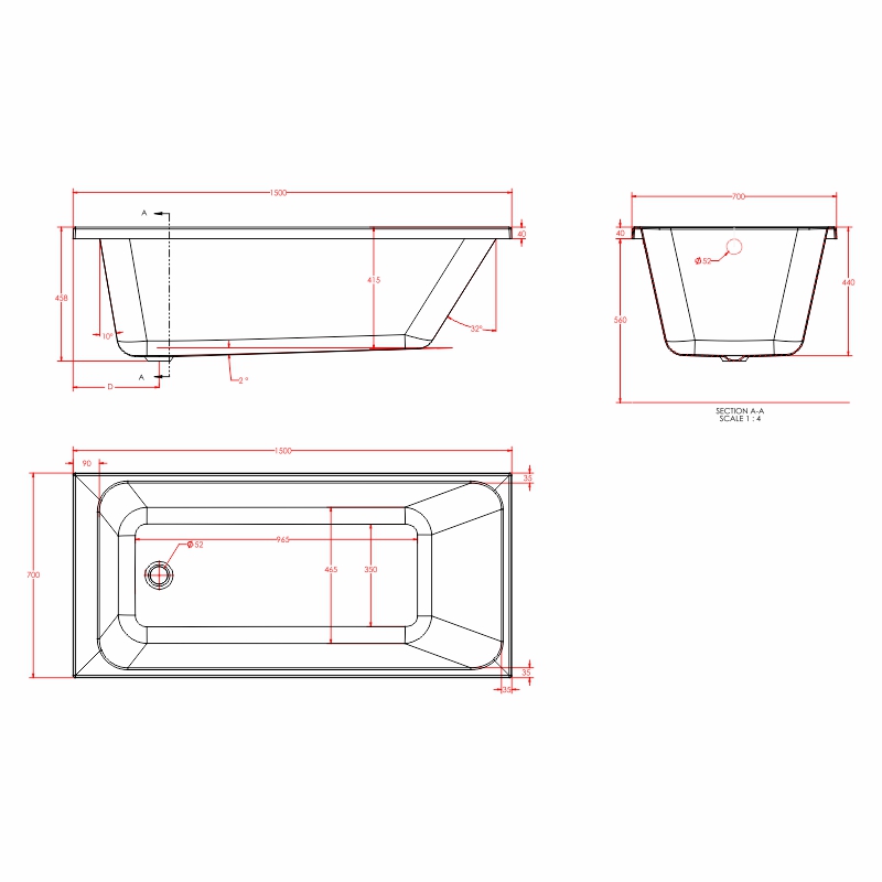 malin single ended bath 1500 1600 Specification Drawing