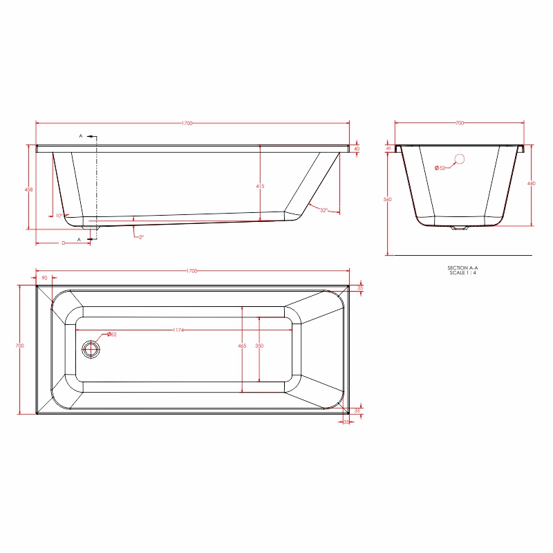 malin single ended bath 1700 1800 Specification Drawing