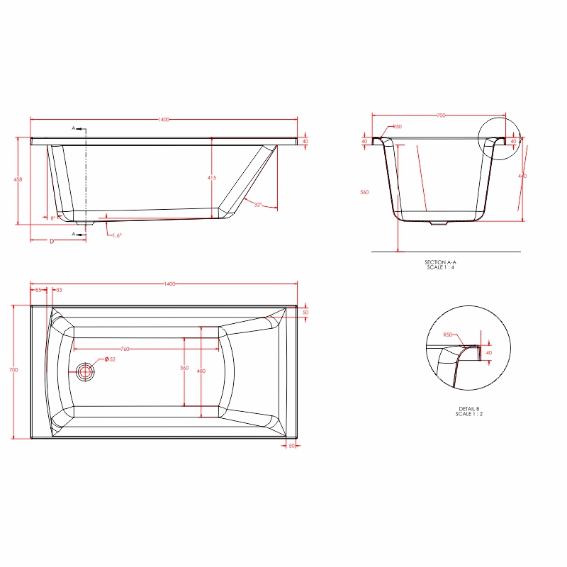 rockall single ended bath 1400 1500 Specification Drawing