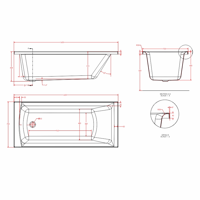 rockall single ended bath 1600 1700 Specification Drawing