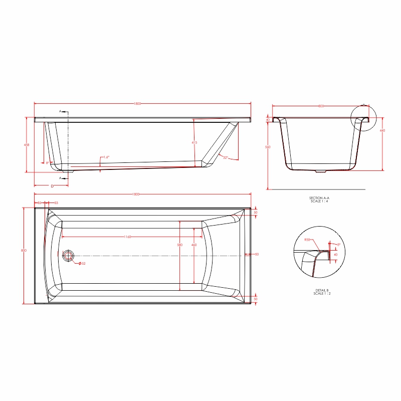 rockall single ended bath 1800 1900 Specification Drawing