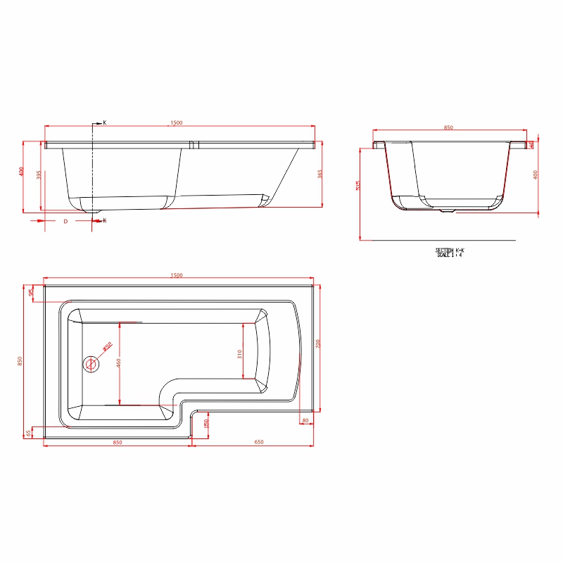 shannon l shape lefthand shower bath 1500 1700 Specification Drawing