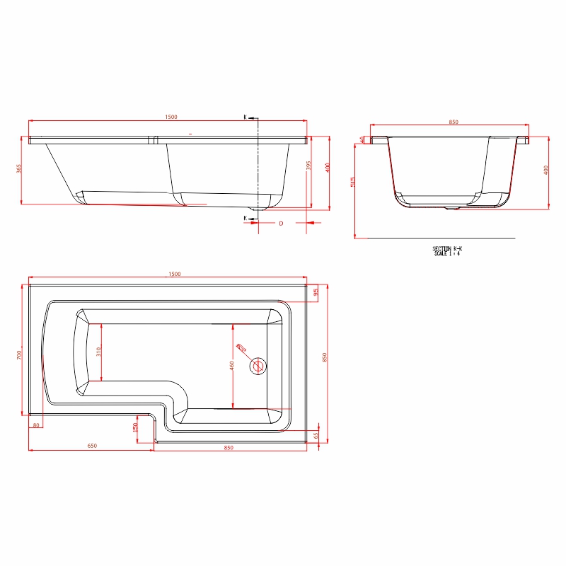 shannon l shape righthand shower bath 1500 1700 Specification Drawing