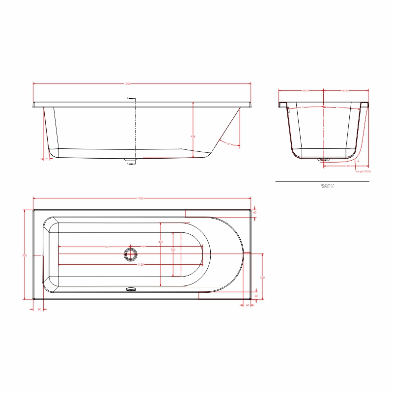 biscay left hand shower bath 1700 1800 Specification Drawing