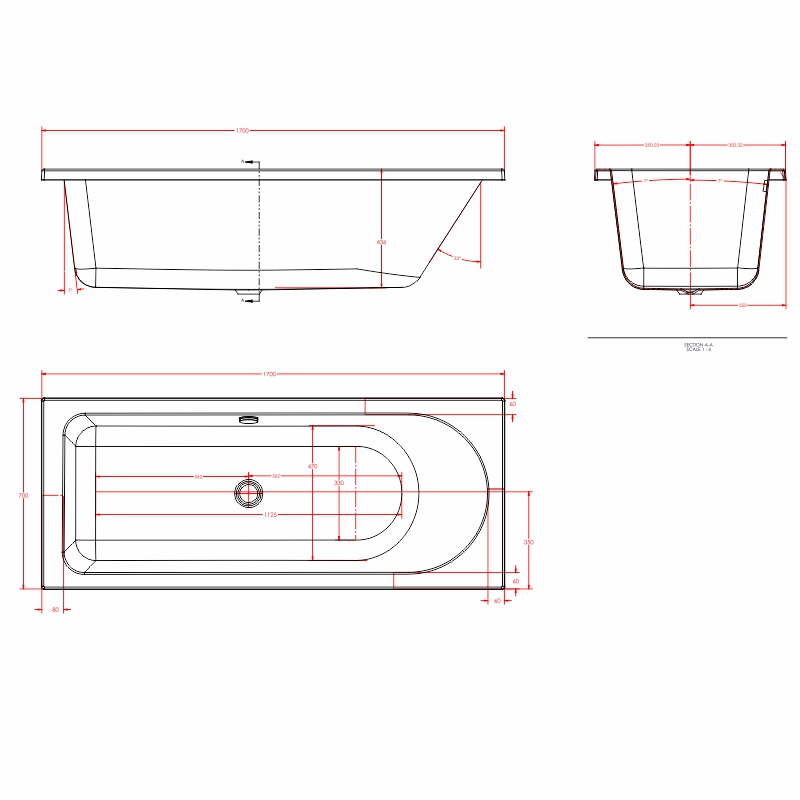 biscay right hand shower bath 1700 1800 Specification Drawing