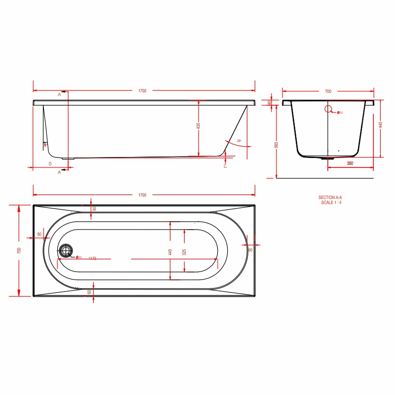 biscay straight edge bath 1700 1800 Specification Drawing