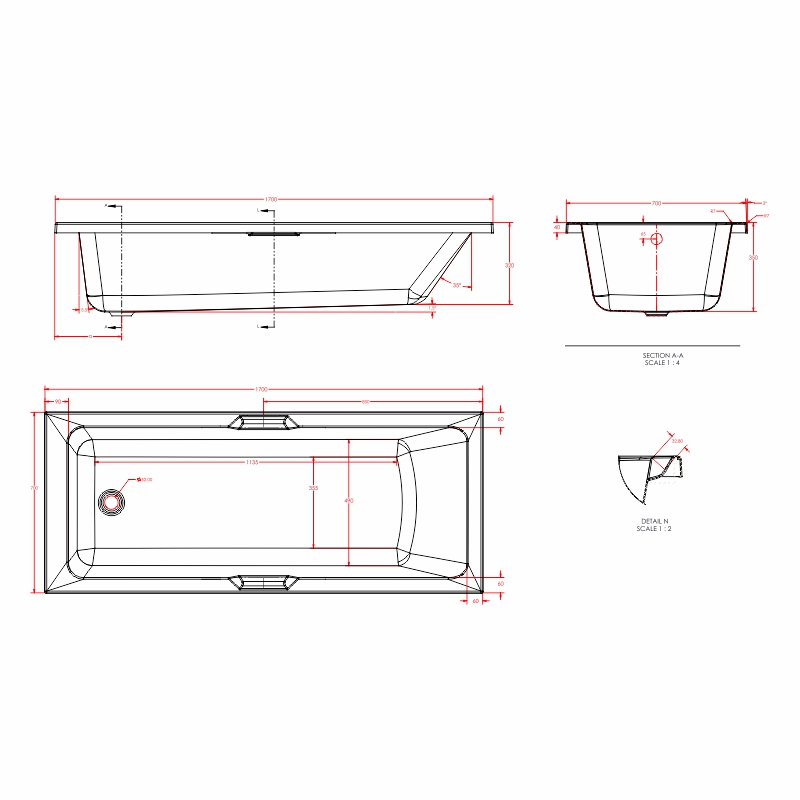 portland 1700 low level bath Specification Drawing