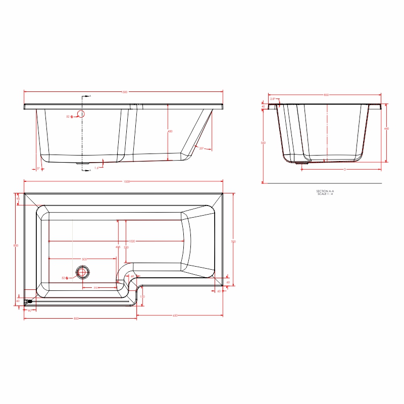 portland 1500 lefthand l shape shower bath Specification Drawing