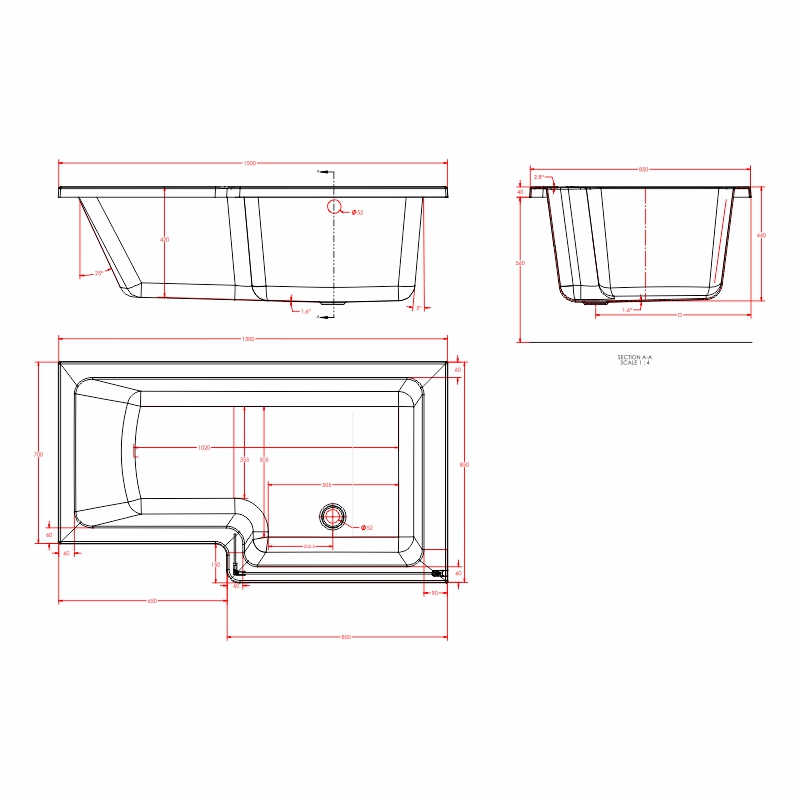 portland 1500 righthand l shape shower bath Specification Drawing