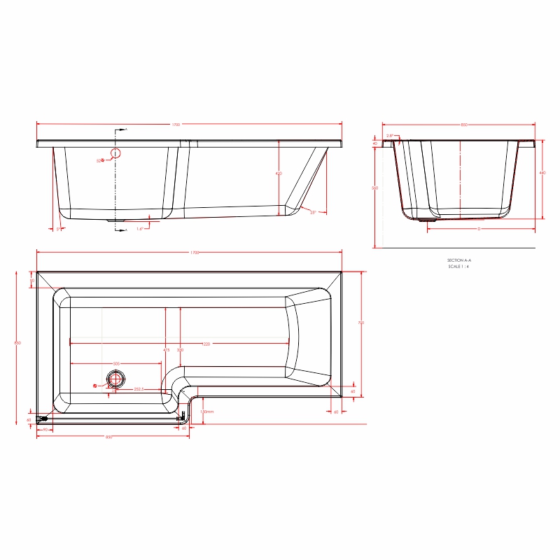 portland 1700 lefthand l shape shower bath Specification Drawing