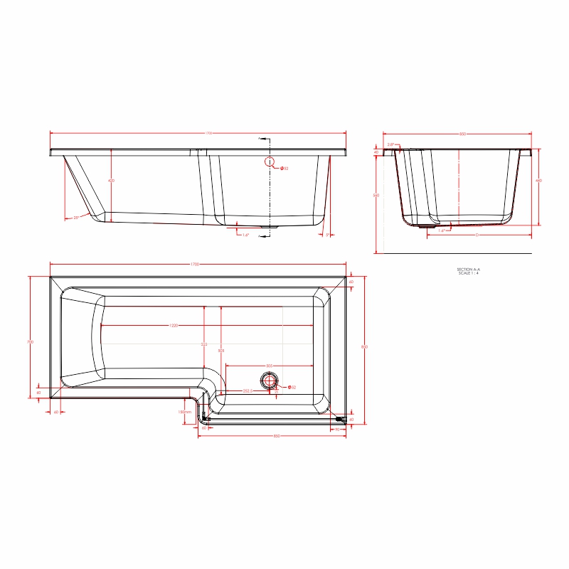 portland 1700 righthand l shape shower bath Specification Drawing