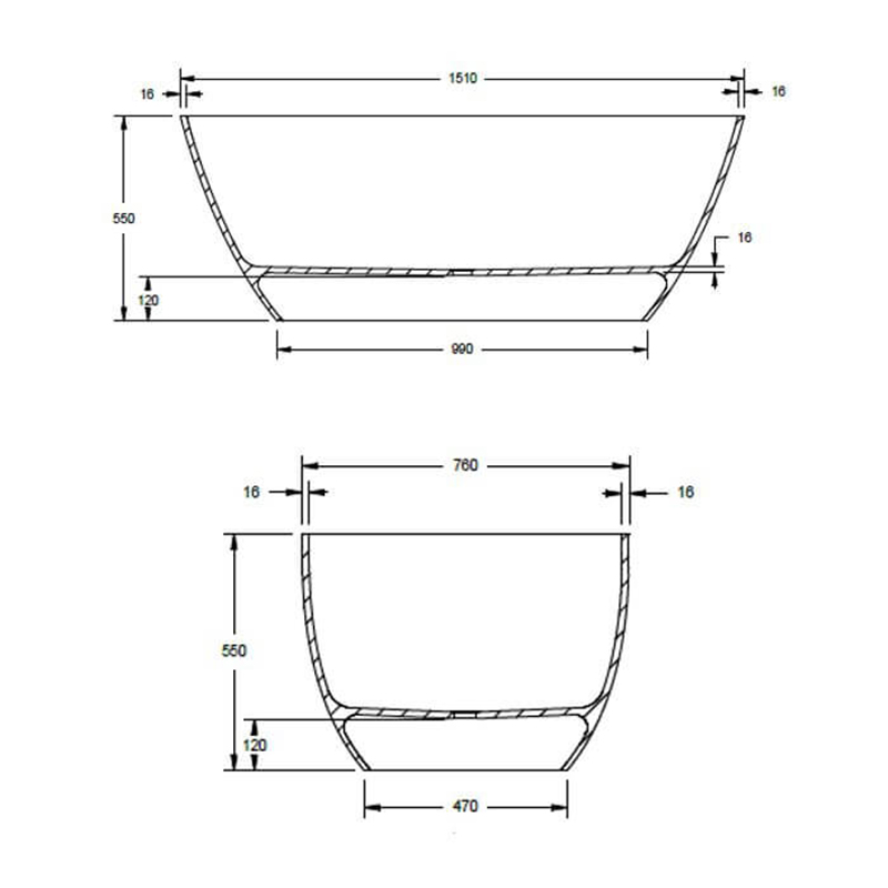 bc designs esseta green freestanding bath 1510 x 760mm Specification Drawing