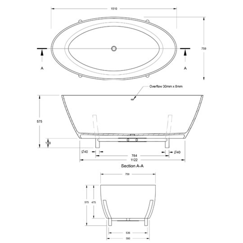 bc designs essex matt white freestanding bath 1510 x 760mm Specification Drawing