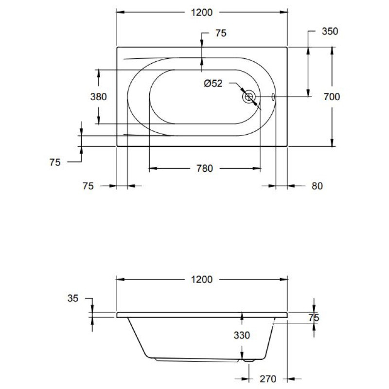 petite straight spa bath with black jets 1200 x 700 Specification Drawing